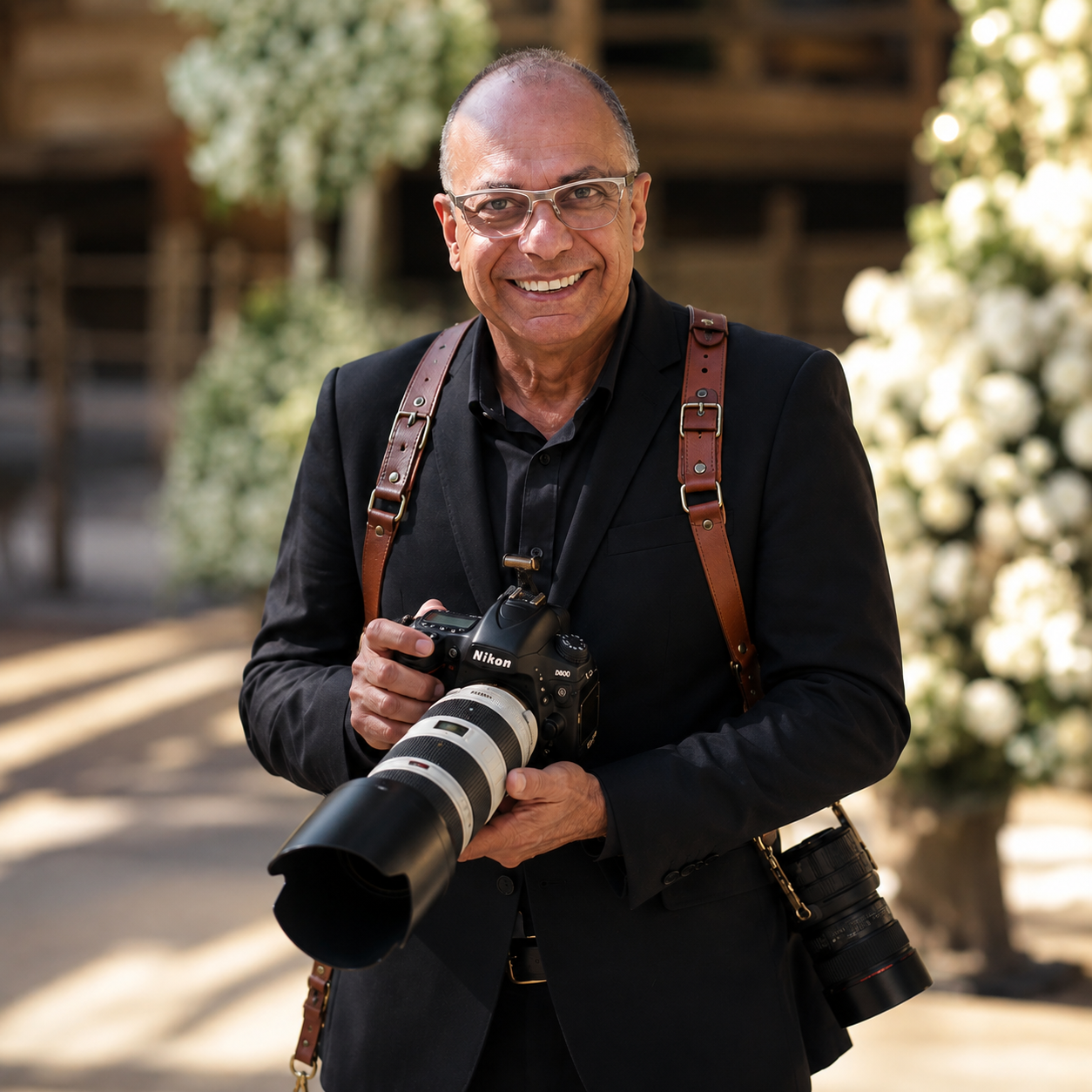 Retrato de Max Santos, fotógrafo de casamento, segurando sua câmera